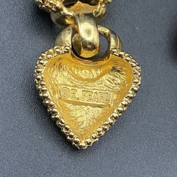 Vintage E. Pearl Signed Gold Tone Heart Drop Earrings Textured Dangle Caviar 1.5 - Picture 8 of 8